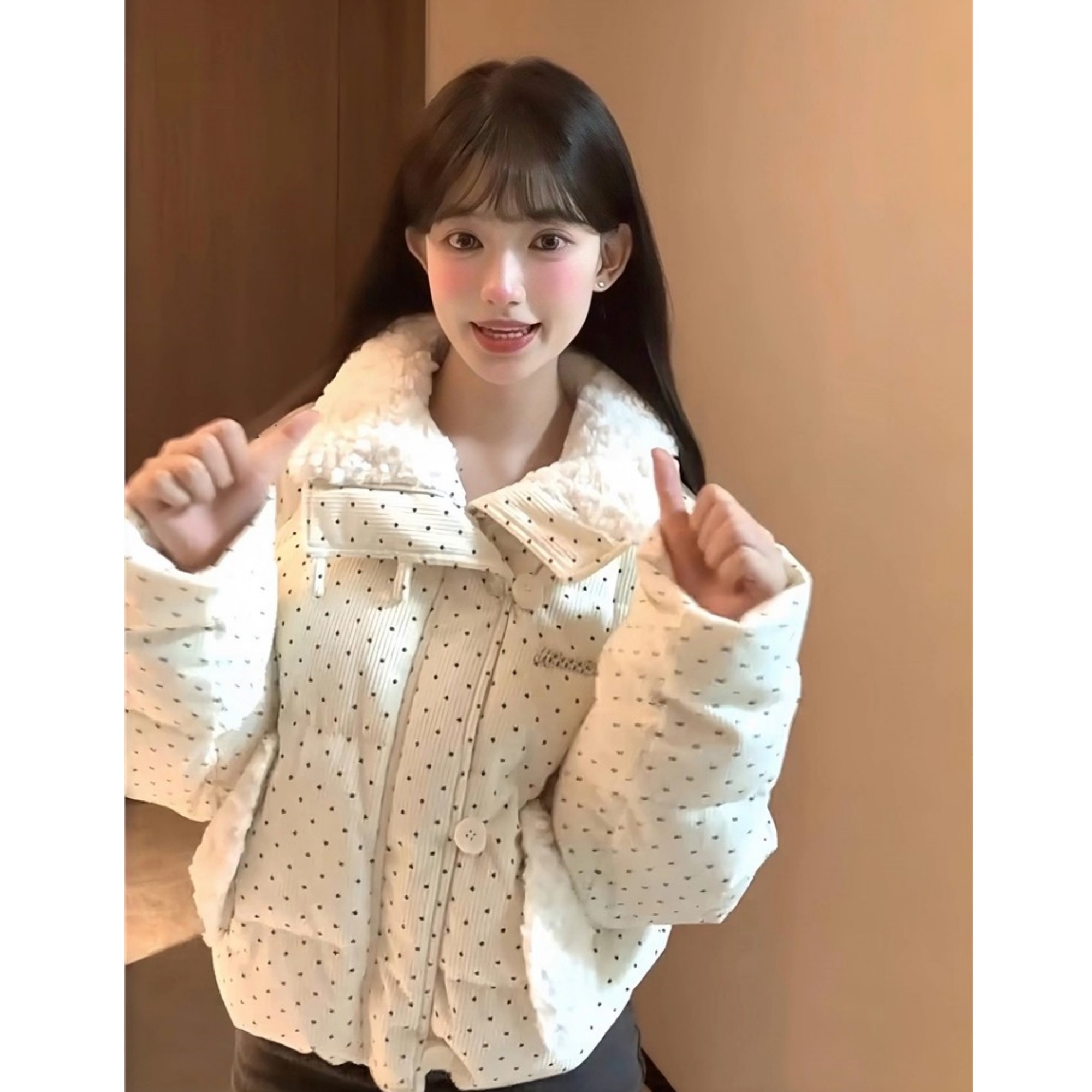 灯芯绒波点羽绒服女2025冬季加厚宽松毛领面包服短款棉衣外套上衣