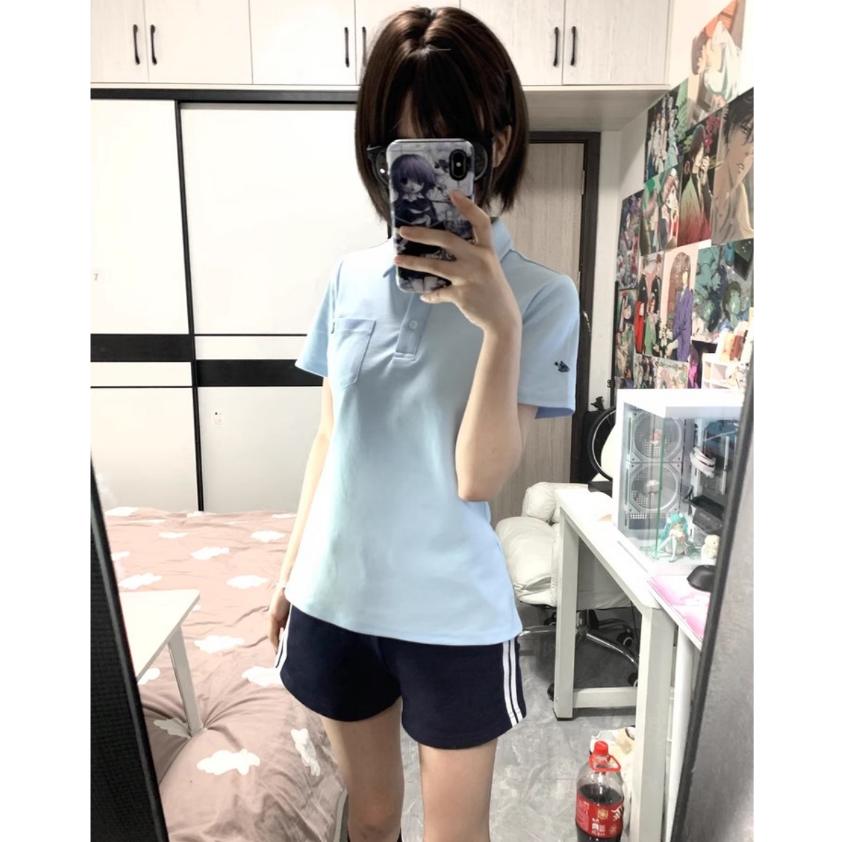【小谷】原创学院风基础款收腰刺绣短袖POLO衫女学生运动短裤套装