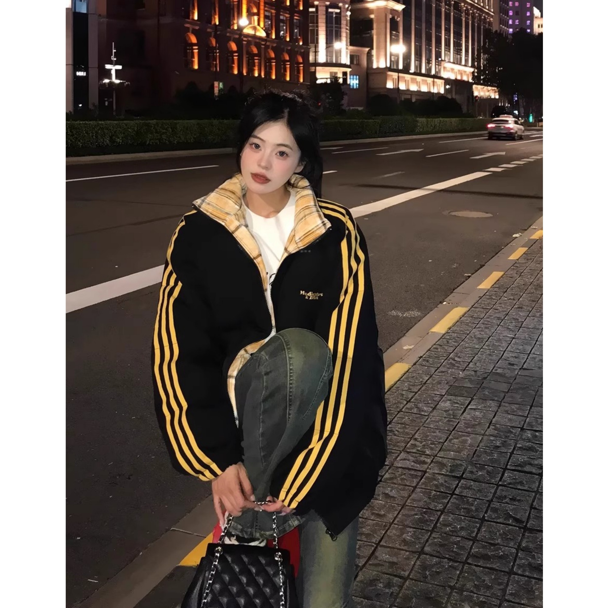麻瓜织带条纹棉服男女款冬季加厚情侣格子拼接棉衣立领面包服