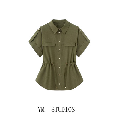 抽绳收腰短袖衬衫女军绿色宽松