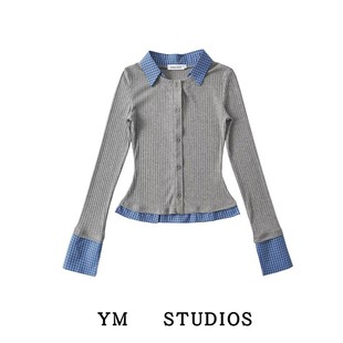 包邮 打底衫 圣马丁学院撞色格子拼接衬衫 修身 女 领假两件针织衫