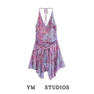 【包邮】东南亚旅游复古豹纹印花不规则挂脖吊带裙露背沙滩连衣裙