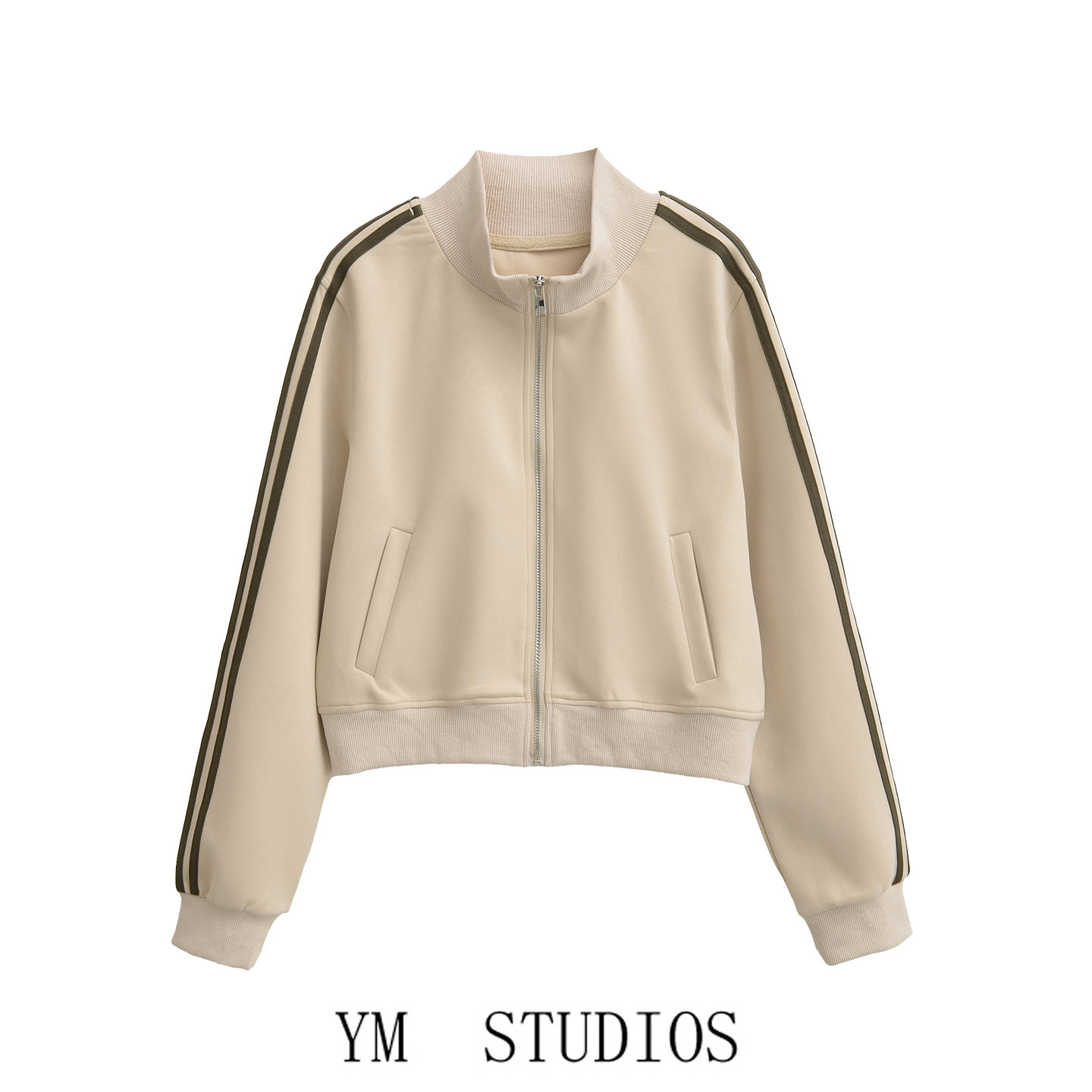 欧美女装   休闲风立领拉链短款条纹卫衣外套女2026春装运动穿搭