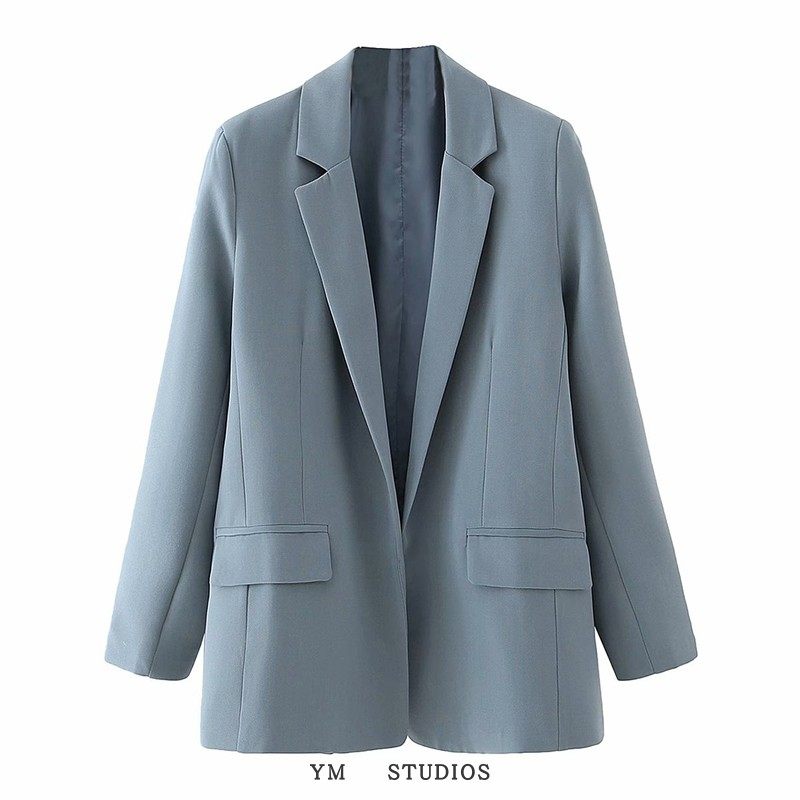 欧美女装2020基本款无扣女士西装  宽松纯色休闲职业西服外套