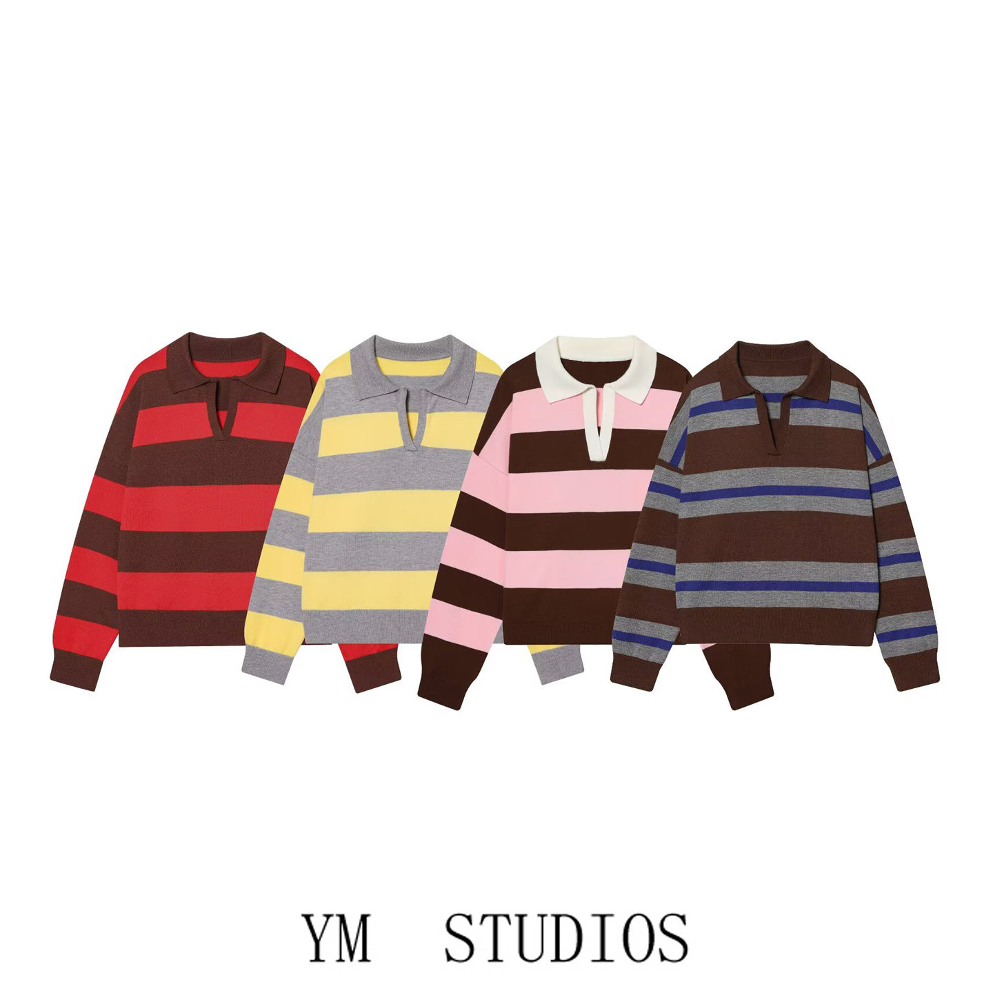 欧美女装   复古条纹POLO领撞色针织衫女套头长袖学院风宽松毛衣,女装/女士精品,毛针织衫,淘宝优惠券,粉丝福利购,淘宝优惠卷