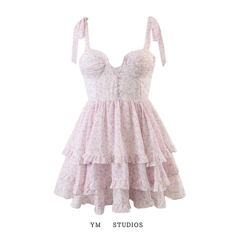 欧美女装公主系粉色碎花叠层饰吊带裙修身小个子女生连衣裙夏-封面