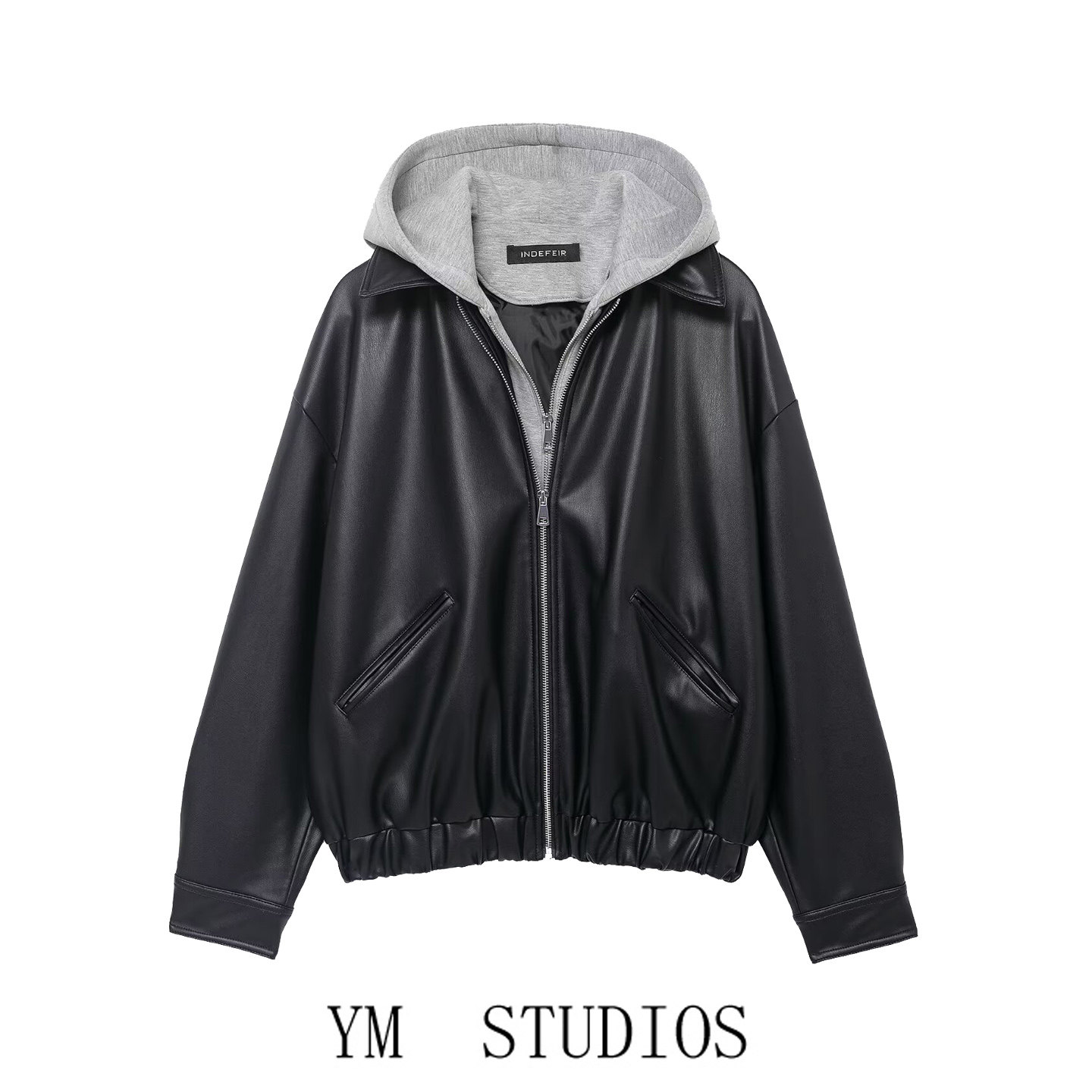 欧美女装   假两件卫衣连帽拼接皮衣女短款黑色拉链宽松夹克外套