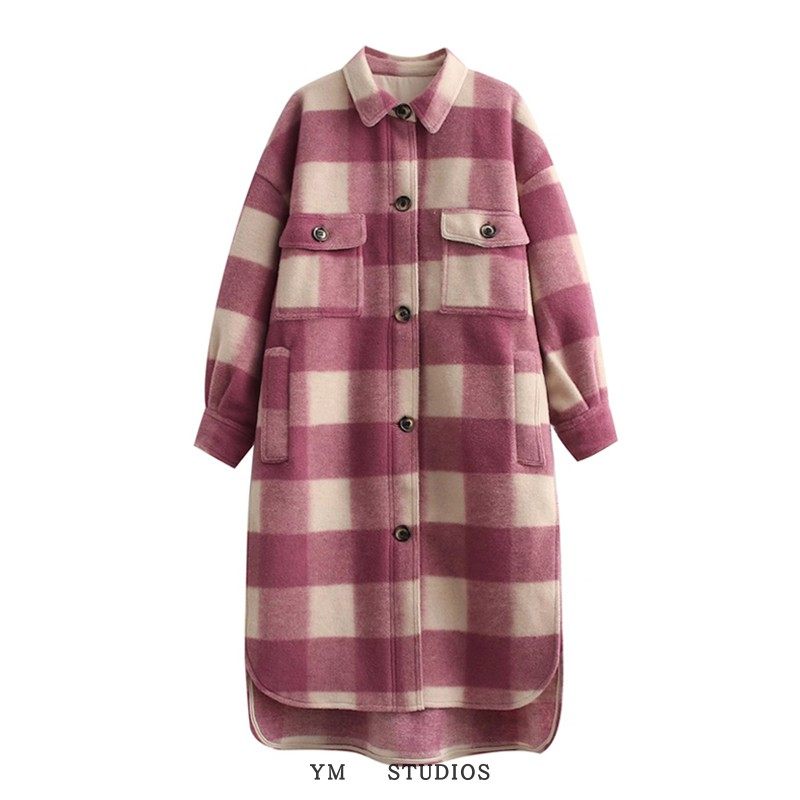 欧美复古廓形毛呢翻领长款开衫