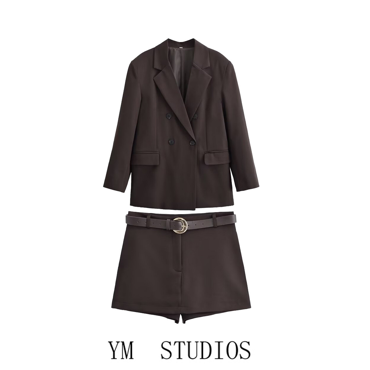 欧美女装   港风复古棕色双排扣西装外套+腰带西装裙裤半身裙套装