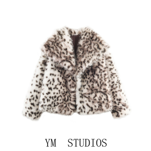 欧美女装 欧美风动物豹纹印花人造皮草效果外套时尚保暖短上衣
