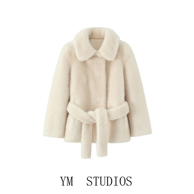 系带人造皮草效果短款毛绒大衣