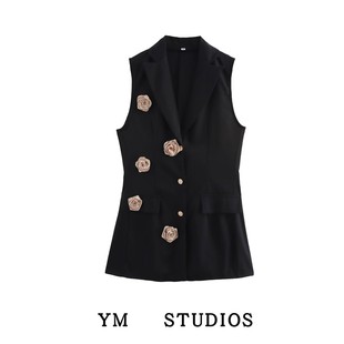 【包邮】美式立体花朵装饰西装式无袖马甲黑色女中长款坎肩背心裙