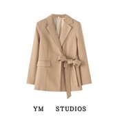 新款 棉麻职业外套 女士西装 24年春秋季 包邮 卡其色不对称系带式