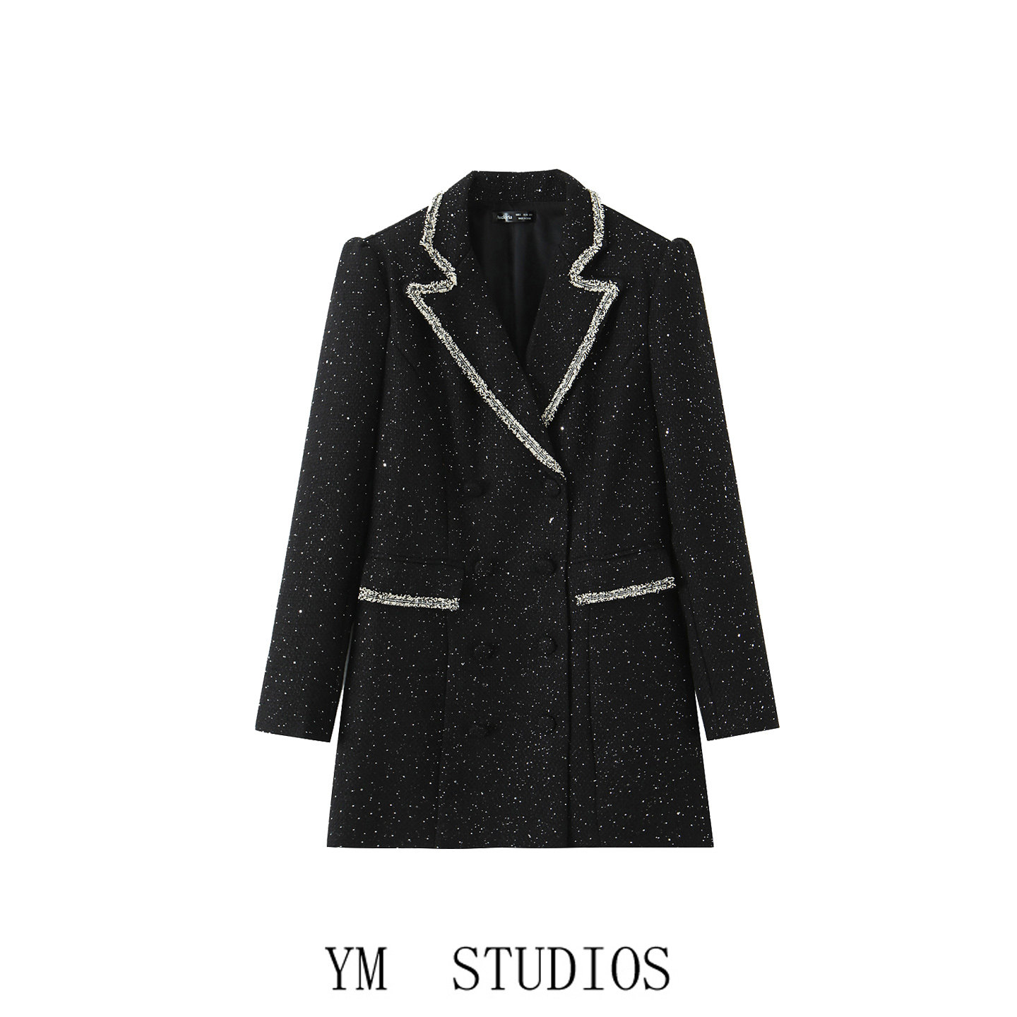 欧美女装  小香风黑色亮片粗纺拼织带双排扣西装外套女通勤职业装