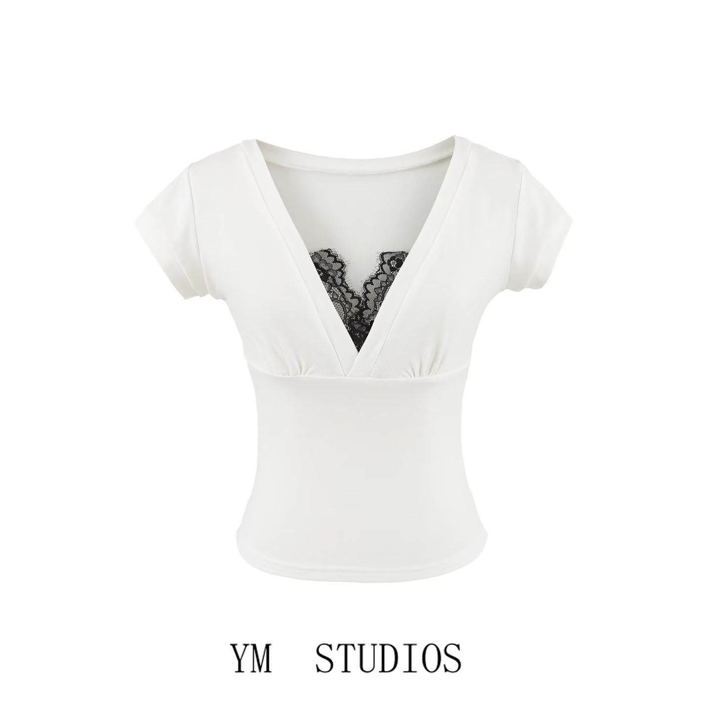 【包邮】纯欲性感蕾丝花边拼接V领短袖T恤女夏季短款弹力正肩上衣