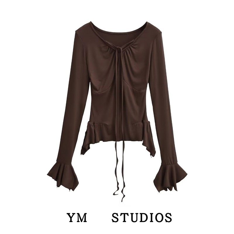 【包邮】纯欲芭蕾风飘逸喇叭袖飘带打底衫小开叉长袖辣妹T恤上衣,女装/女士精品,衬衫,淘宝优惠券,粉丝福利购,淘宝优惠卷