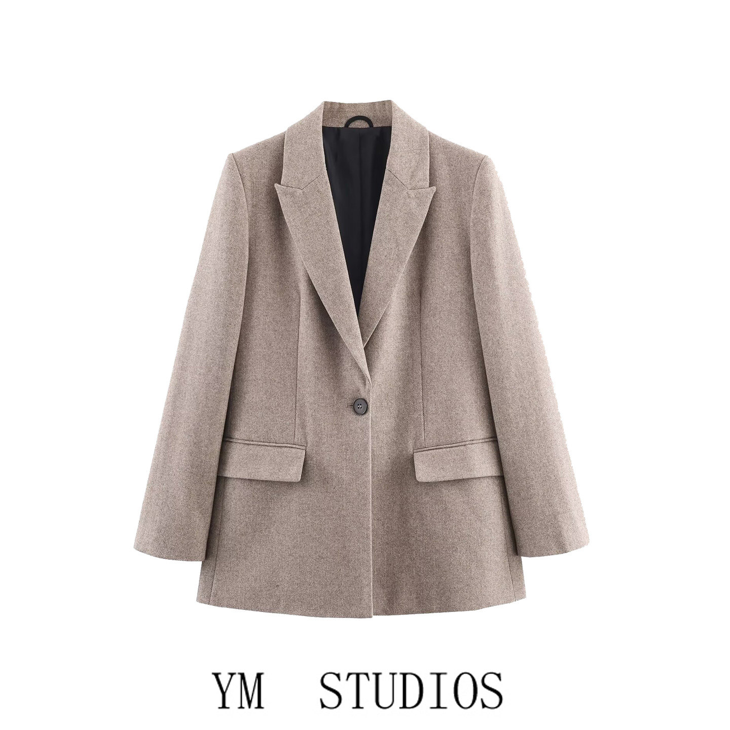 欧美女装  简约风斜纹人字呢宽松西装外套2026春装一粒扣廓形西服