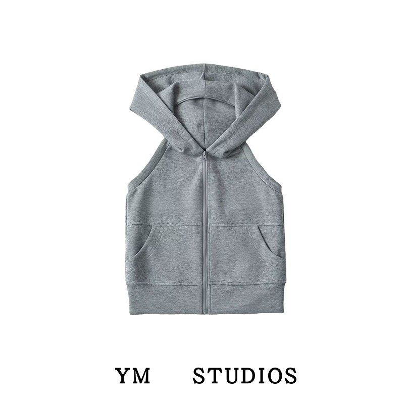 【包邮】拽酷辣妹风无袖露背连帽卫衣马甲个性青春短款拉链小上衣