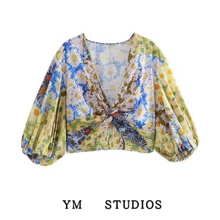 欧美女装ins夏新款插肩袖雏菊印花短款衬衫防晒衣上衣结饰打底衫