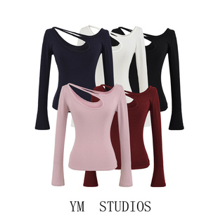 欧美女装   辣妹风不对称镂空割口长袖T恤女斜领紧身火辣打底衫春