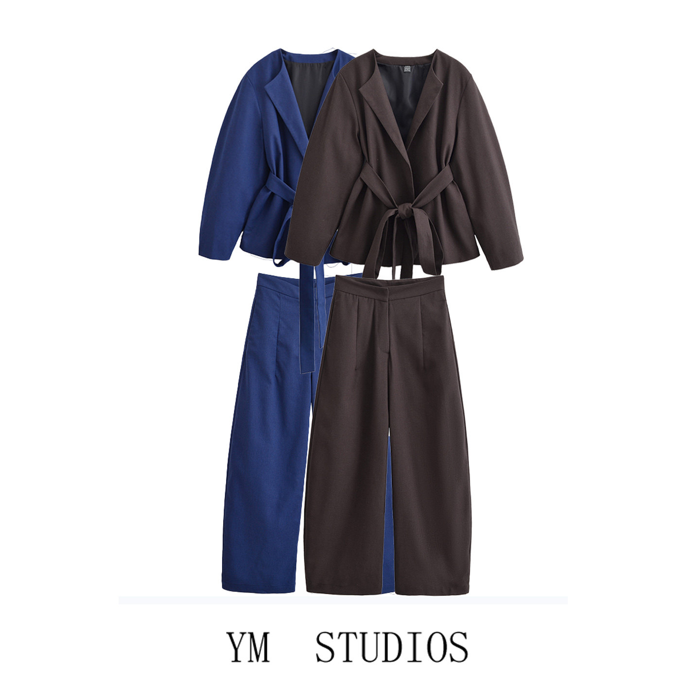 欧美女装  美式嘻哈风宽松系腰带和服式西装外套+工装休闲阔腿裤