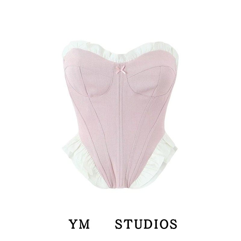 【包邮】博主风粉色甜美鱼骨抹胸性感设计感青春芭蕾风背心小上衣