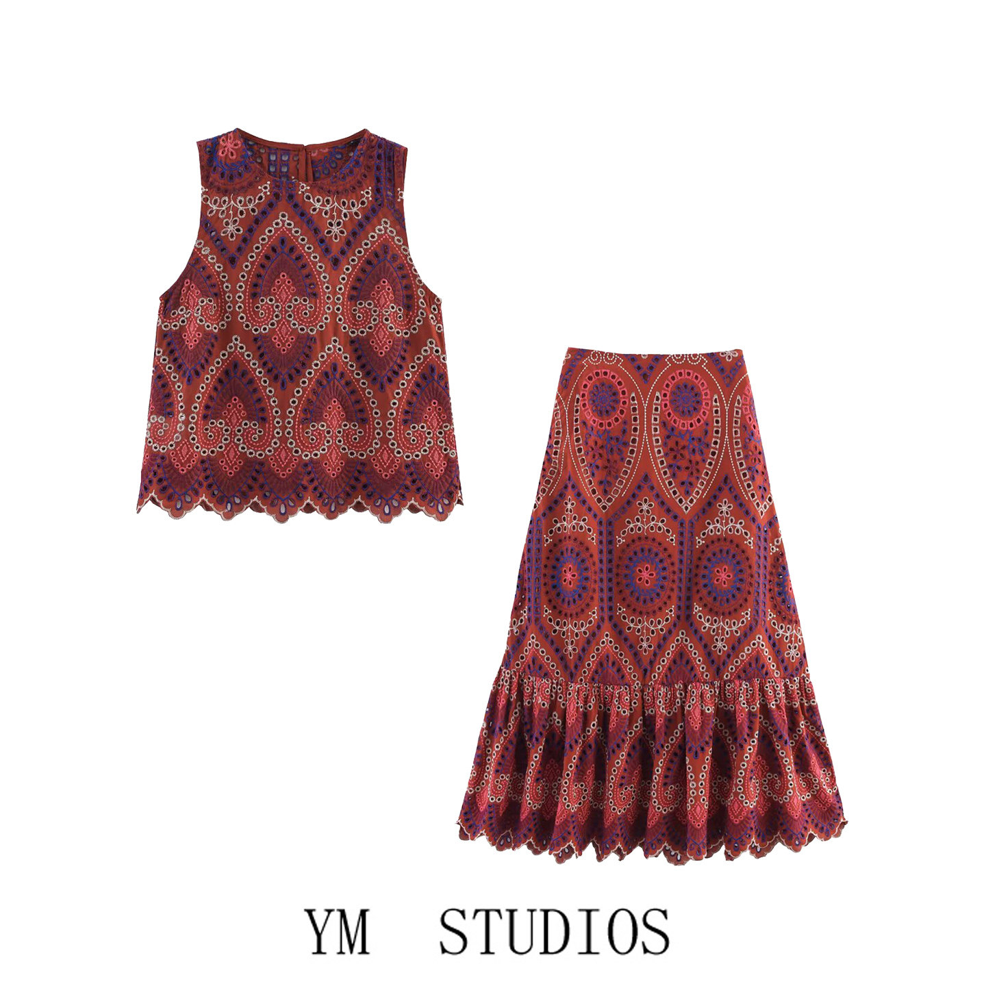 欧美女装   民族风重工镂空刺绣背心上衣红色旅游半身裙两件套装