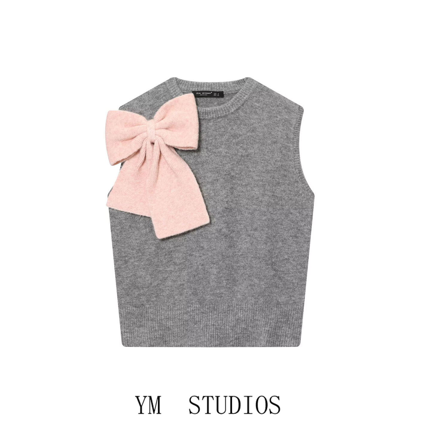 欧美女装  甜美粉色蝴蝶结装饰无袖针织背心女秋冬外搭灰色马甲潮
