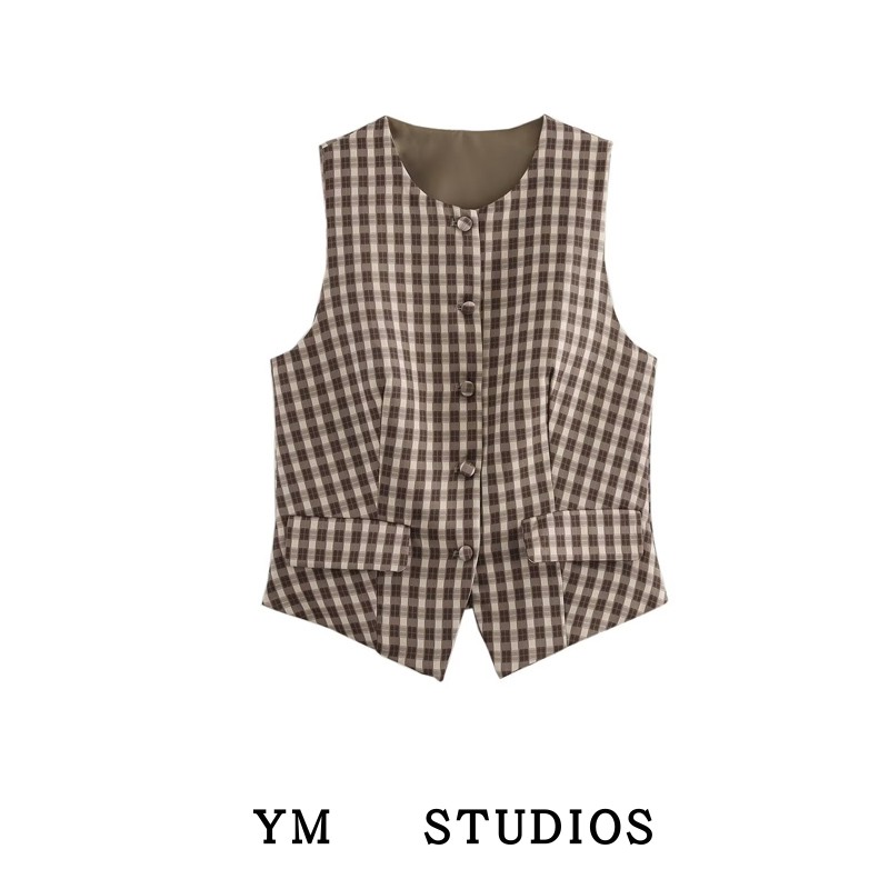 复古棕色格子马甲女学院