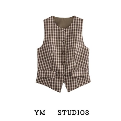 复古棕色格子马甲女学院