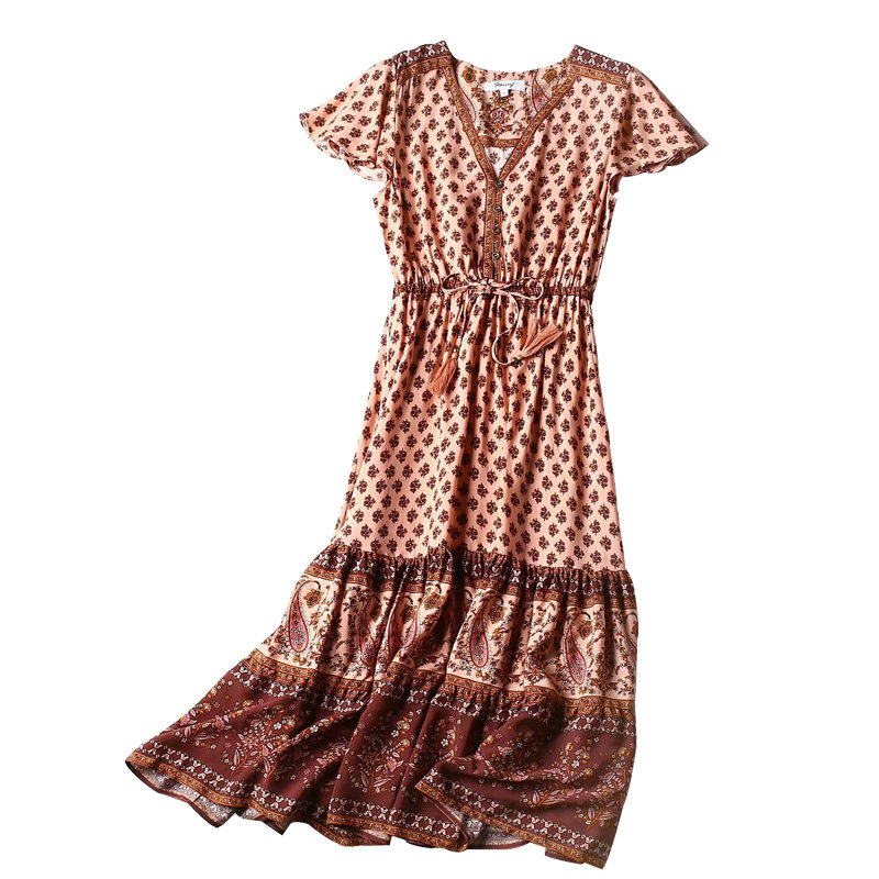 欧美女装  2019春装新品复古腰果印花连衣裙短袖棉质旅游沙滩长裙