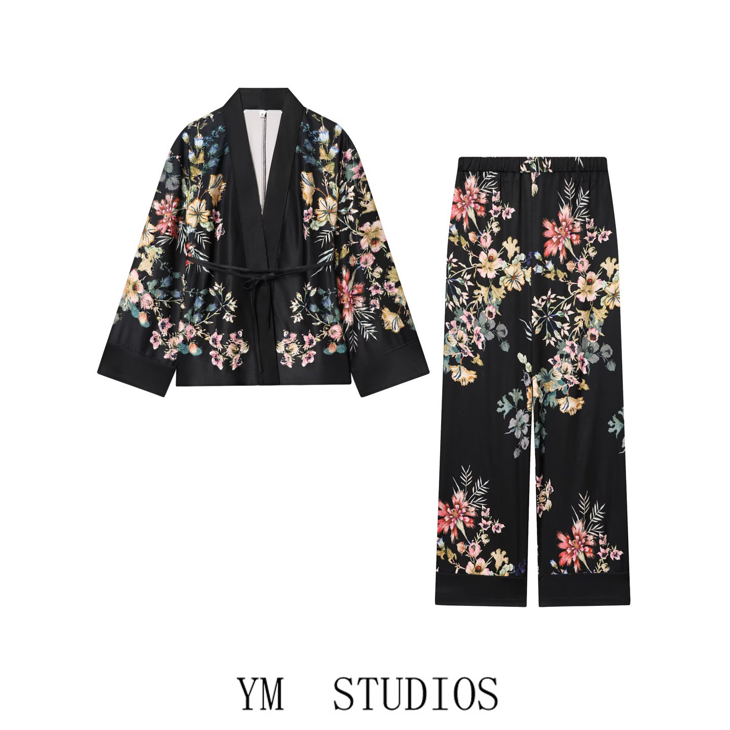 欧美女装   和服式V领花卉印花裹身系带西装衬衫+直筒长裤套装潮