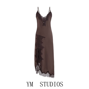 欧美女装   法式复古棕色蕾丝拼接开叉吊带裙轻熟睡衣风连衣裙潮
