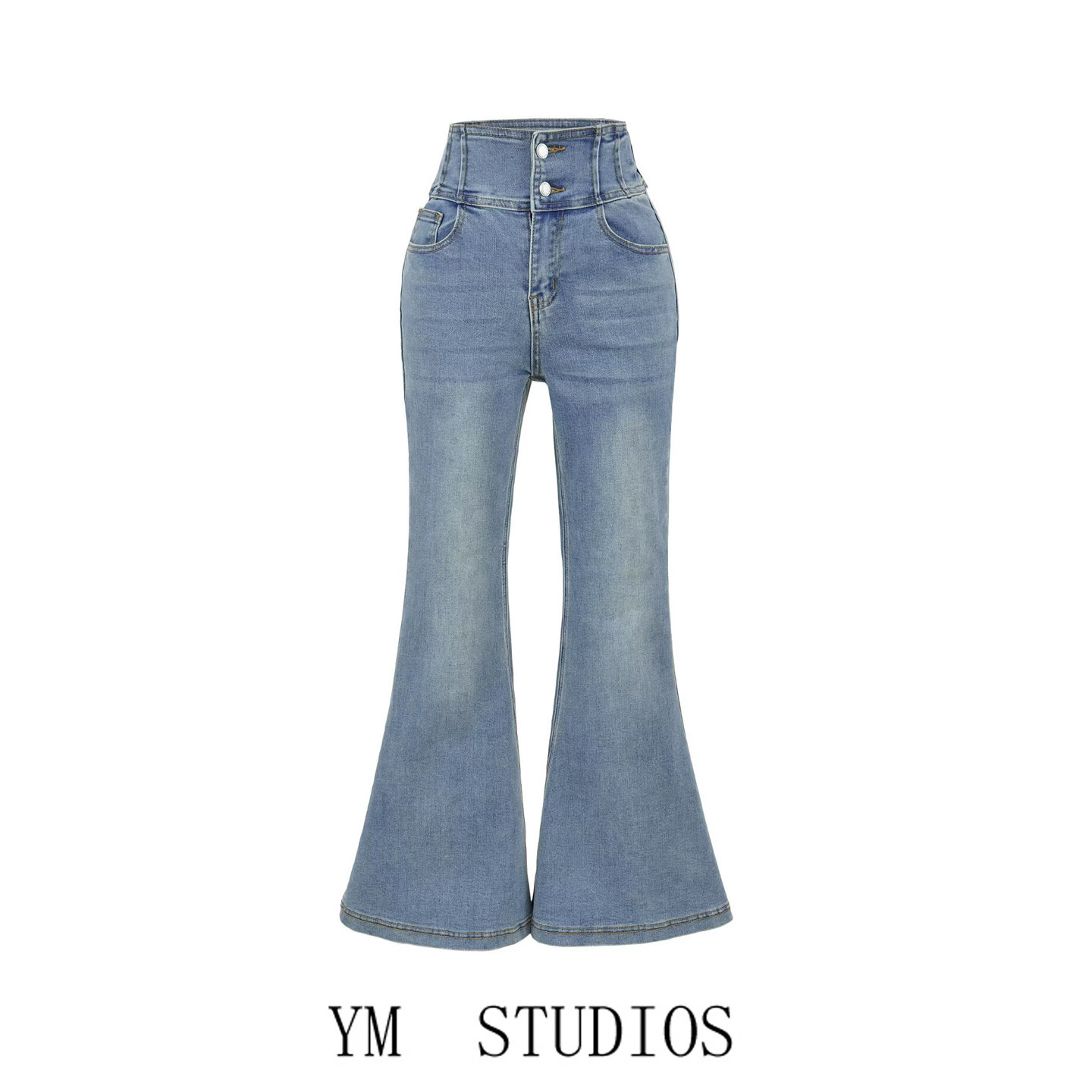 欧美女装美式高腰重工腰封微喇叭牛仔裤女修身提臀显腿长裤子