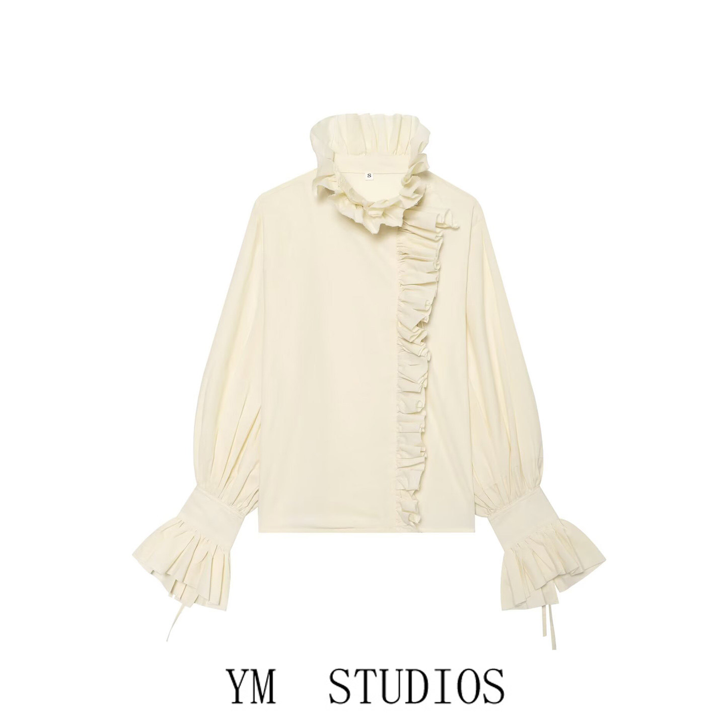 欧美风立领泡泡袖荷叶边衬衫女