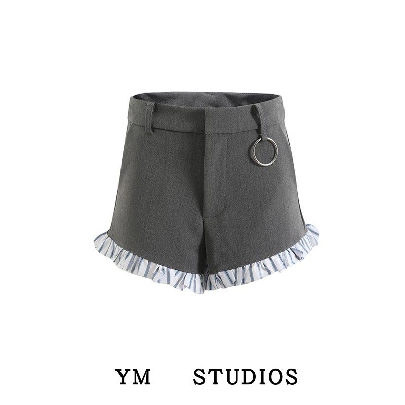 【包邮】美式复古褶皱花边拼接西装短裤夏季高腰灰色甜系打底热裤