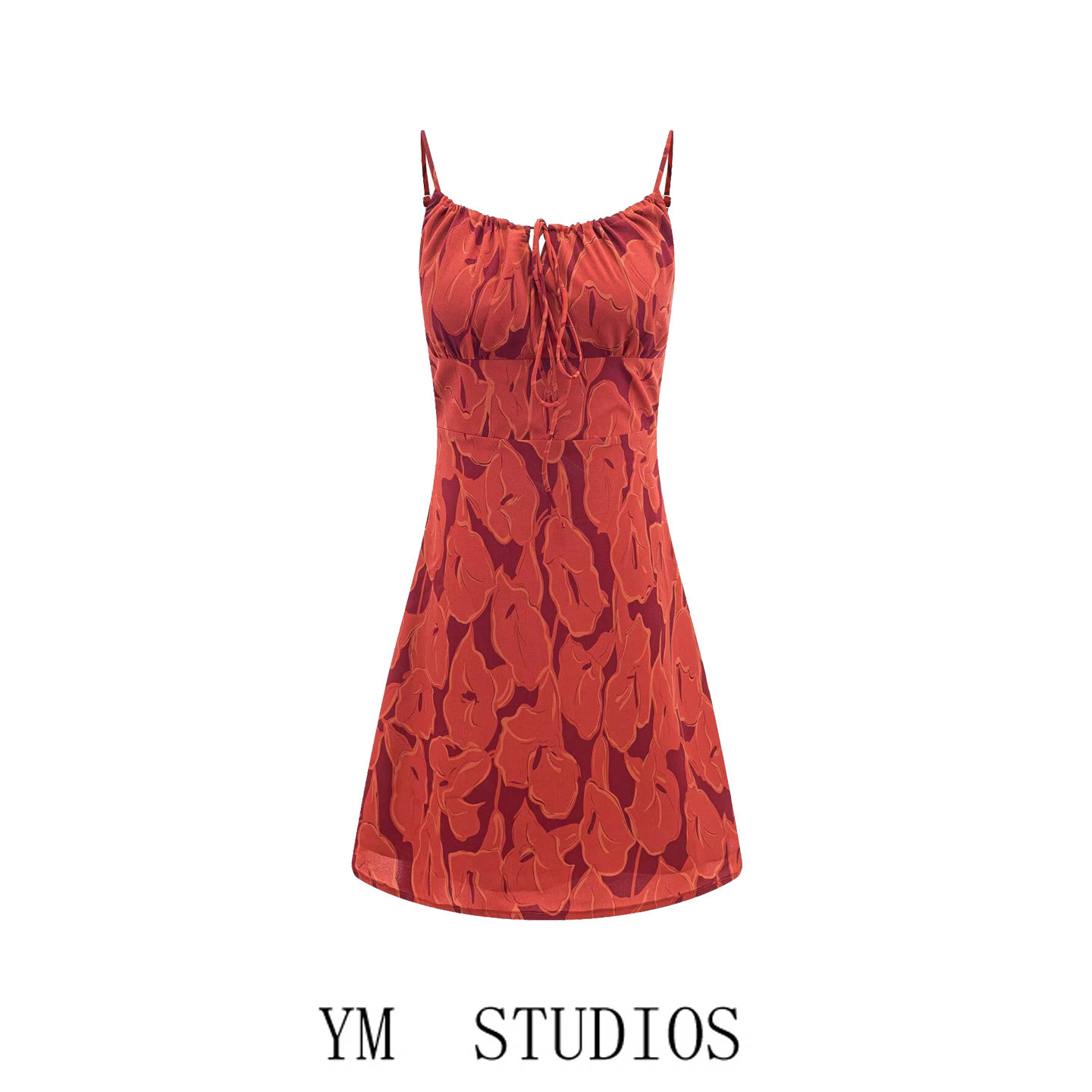 欧美女装    法式度假风红色印花短款吊带裙显腿长海边沙滩连衣裙