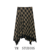 欧美女装 欧美风复古格纹蕾丝拼接半身裙不规则裙摆姐系穿搭裙