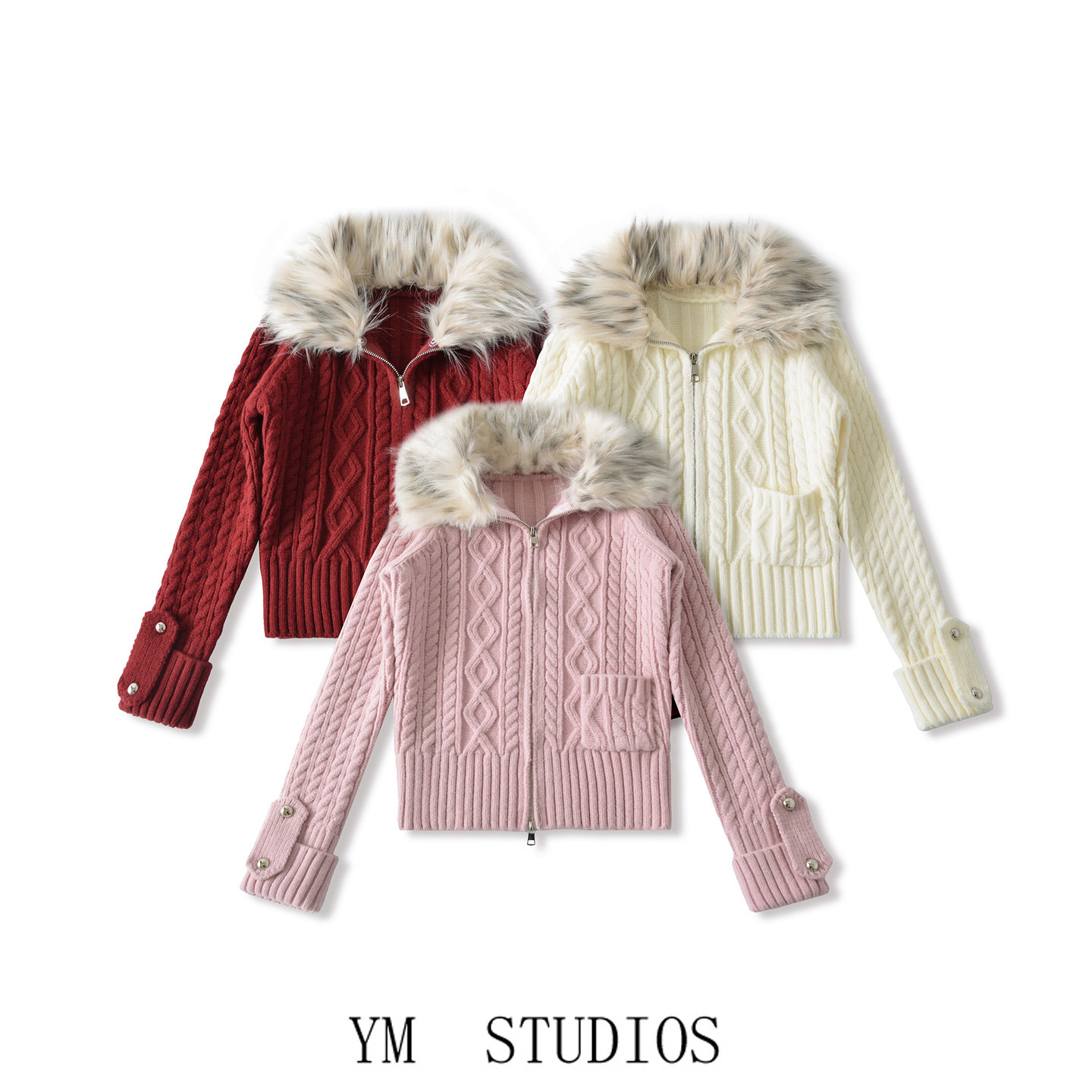 欧美女装   甜美复古毛领短款拉链针织开衫少女穿搭麻花毛衣外套,女装/女士精品,毛衣,淘宝优惠券,粉丝福利购,淘宝优惠卷