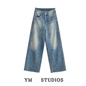 包邮 美式 复古立体边水洗牛仔裤 女春秋季 低腰嘻哈街舞直筒长裤