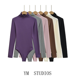 欧美女装  欧美风高领长袖连体衣紧身弹力性感火辣连裆打底衫T恤