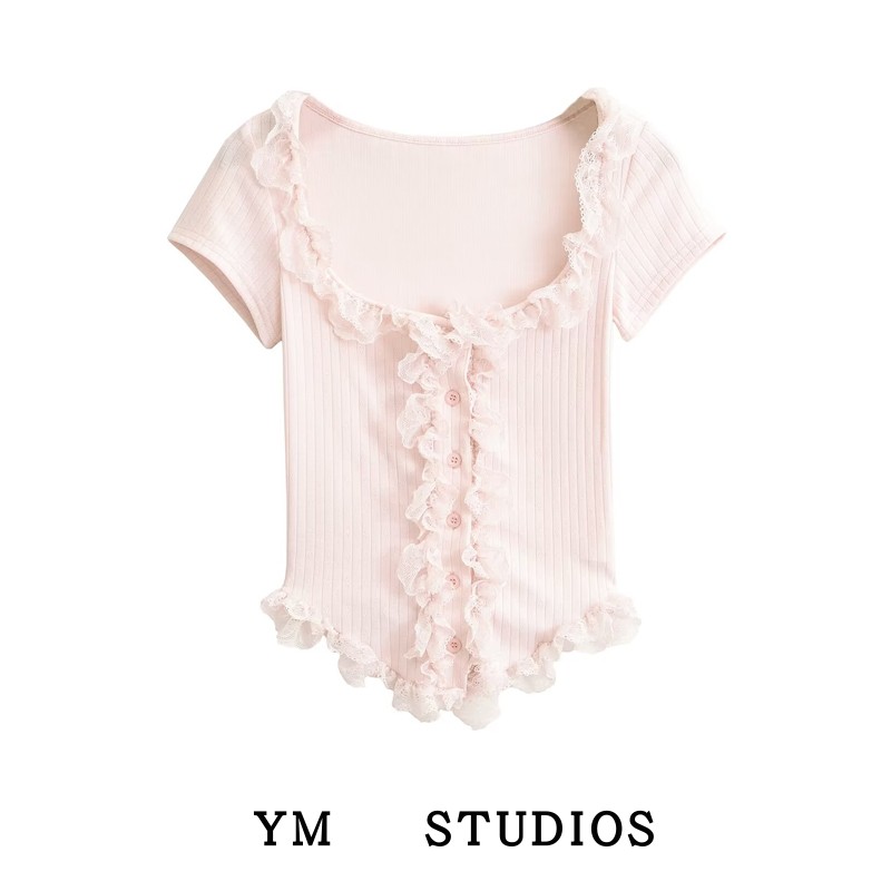 粉色蕾丝花边短袖上衣心机