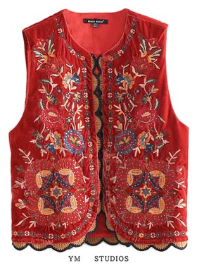 欧美女装   民族风重工亮片刺绣花天鹅绒小背心红色喜庆马甲开衫