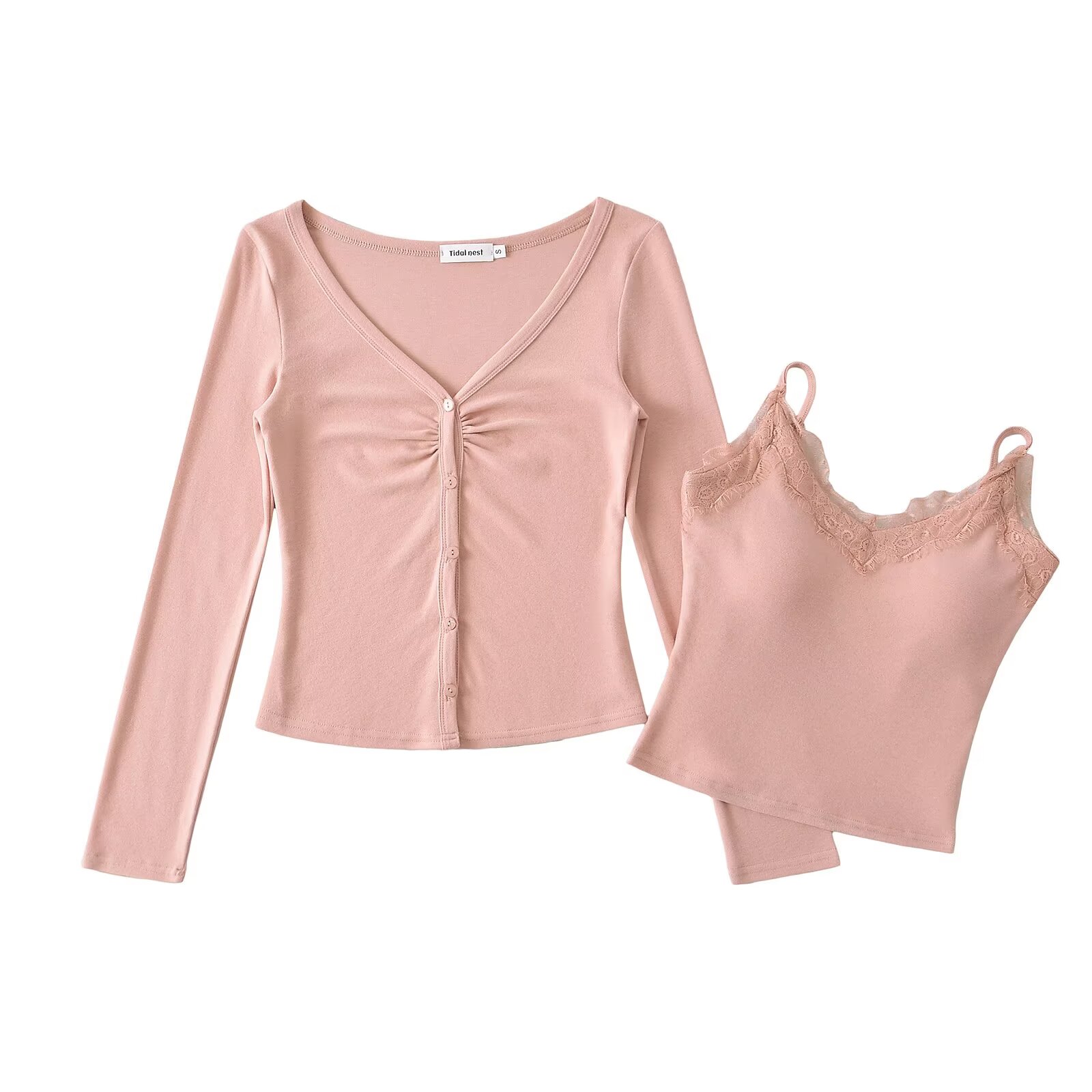 【包邮】纯欲风自带胸垫吊带两件套蕾丝拼接V领皱褶开衫女t恤上衣