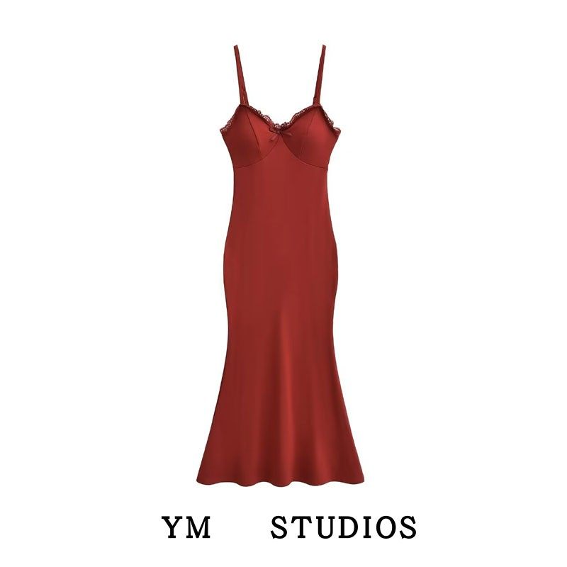 纯欲性感甜辣女式连衣裙蕾丝胸垫纯色针织衫吊带鱼尾长裙背心衫女