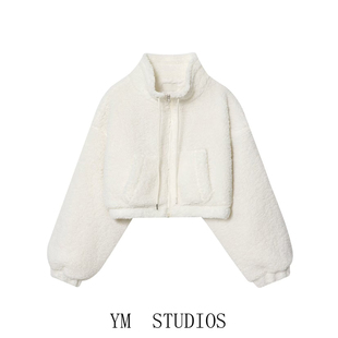 欧美女装   街头风白色羊羔毛短款外套女立领拉链保暖毛绒小棉衣