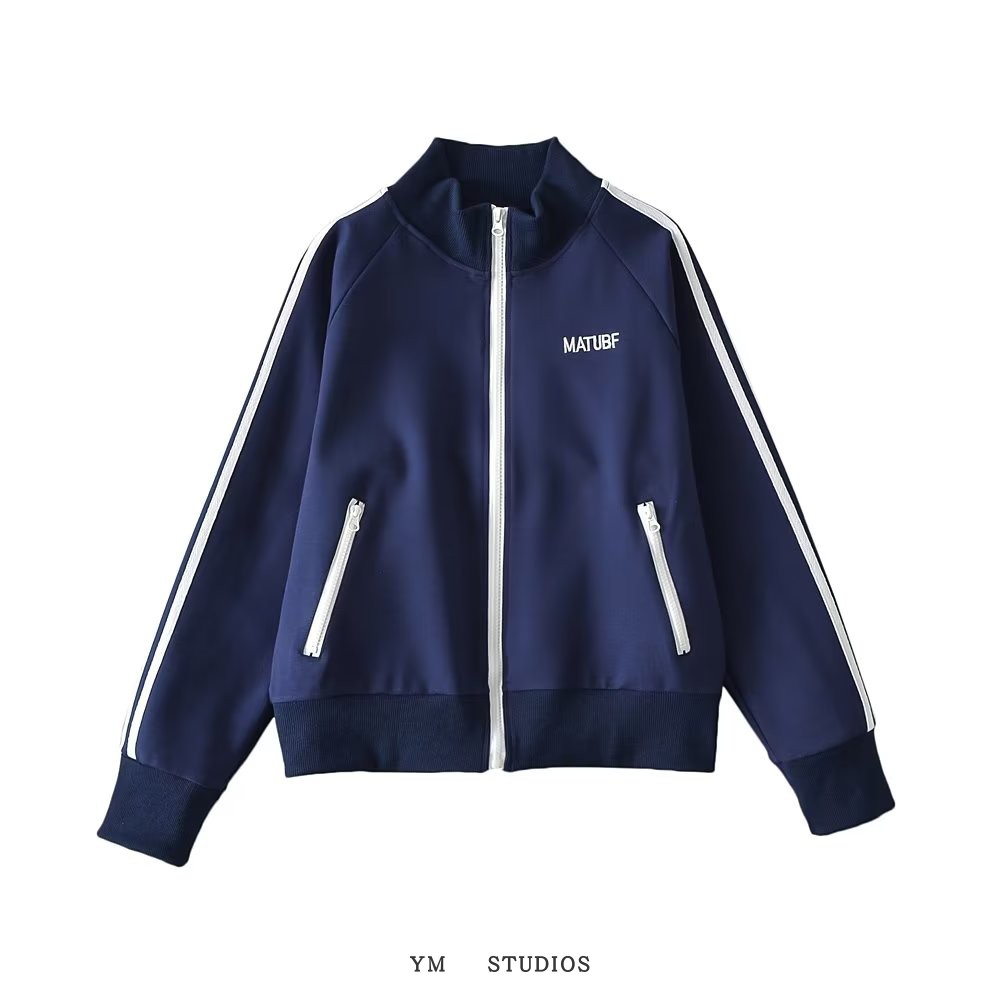 欧美女装长袖复古设计感拼色短外套夹克棒球服拉链开衫上衣打底衫