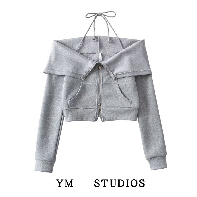 【包邮】美式复古一字肩细带挂脖辣妹卫衣短款露腰修身运动衫外套