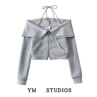 【包邮】美式复古一字肩细带挂脖辣妹卫衣短款露腰修身运动衫外套