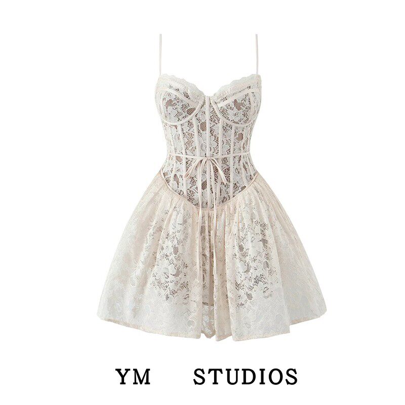 【包邮】芭蕾风重工蕾丝收腰吊带连衣裙设计感抹胸晚宴礼服裙短裙